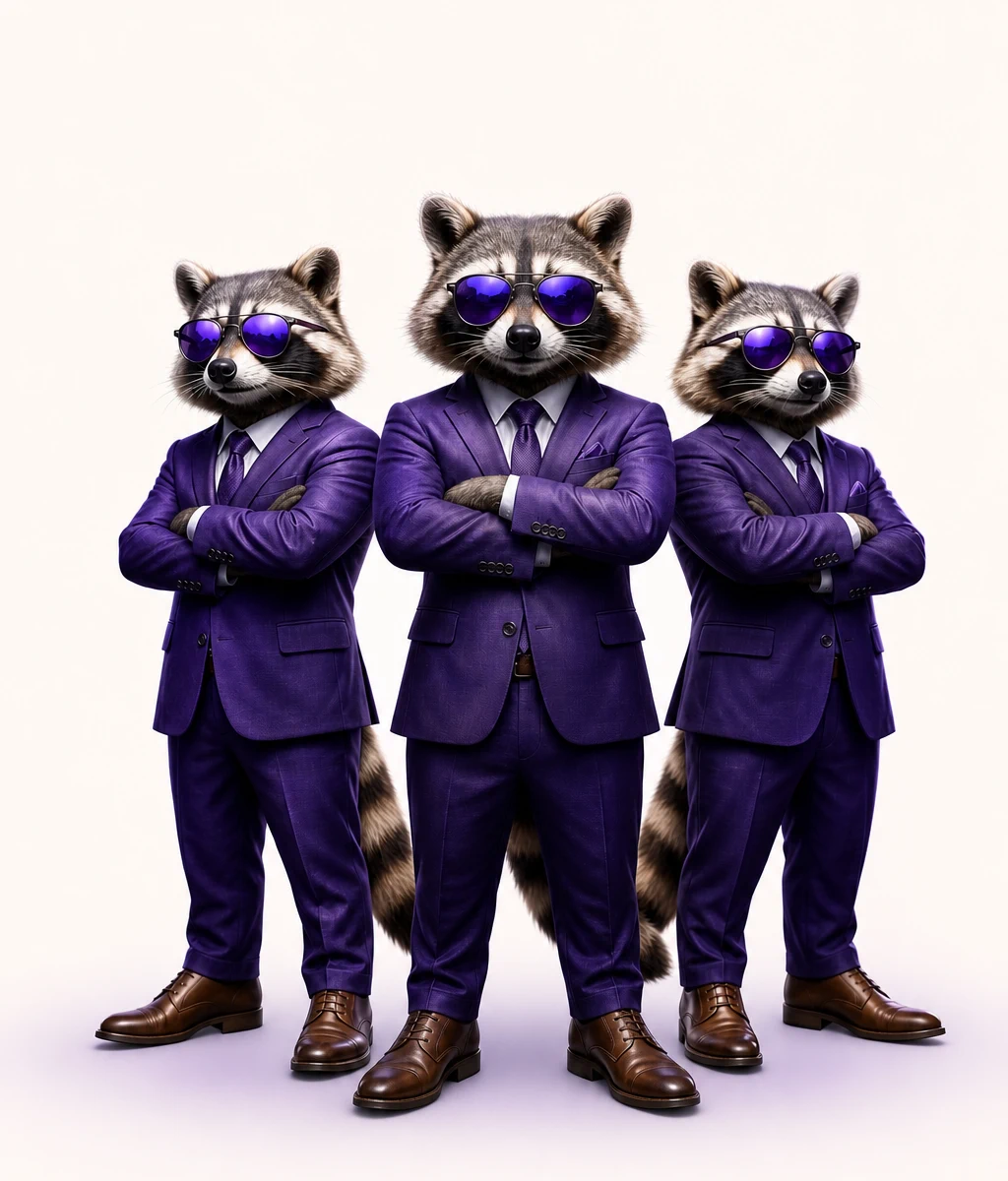 Three Asban raccoon mascots in purple business suits and reflective sunglasses