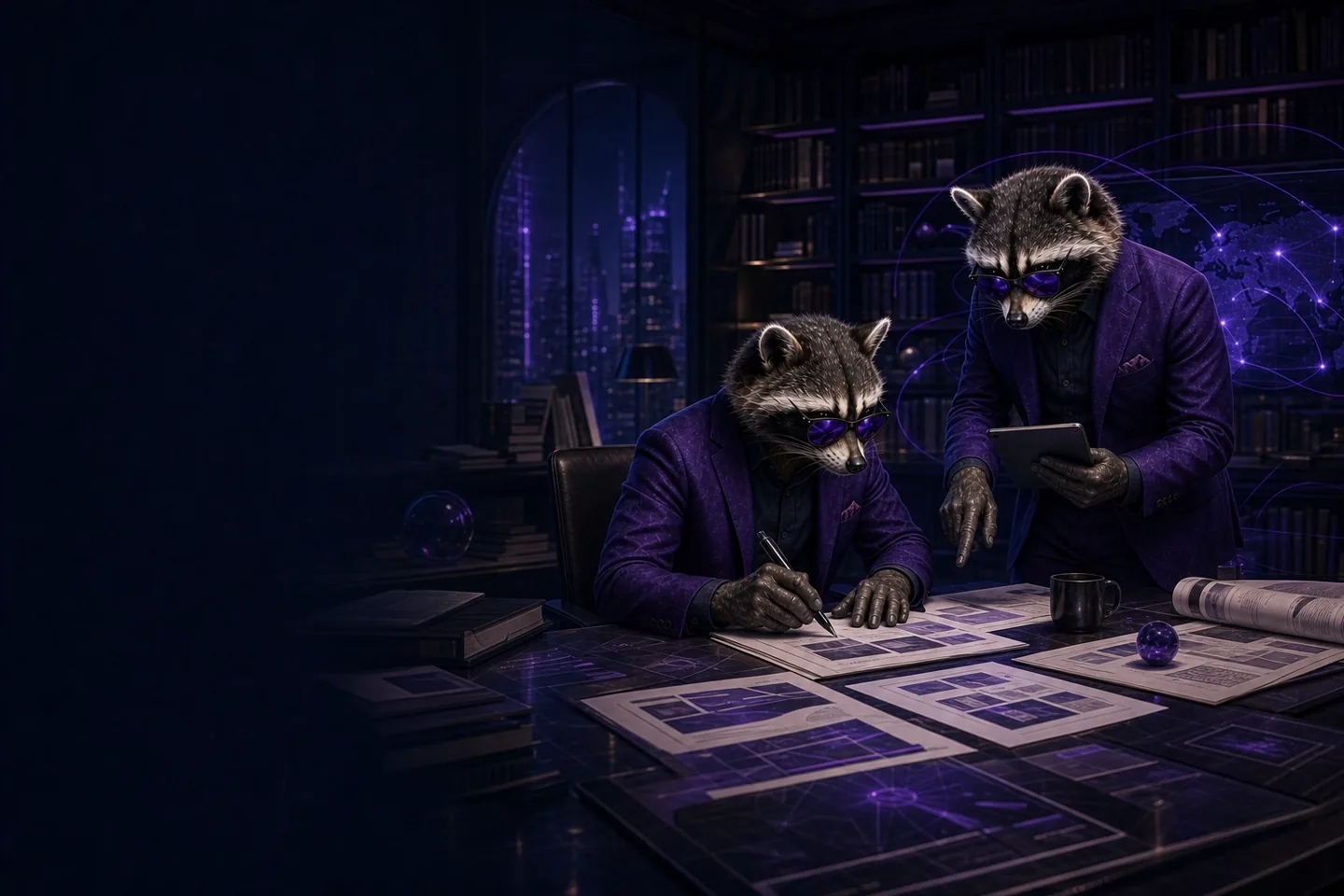 Raccoon AI strategist in a purple suit reviewing predictive data inside a digital observatory.