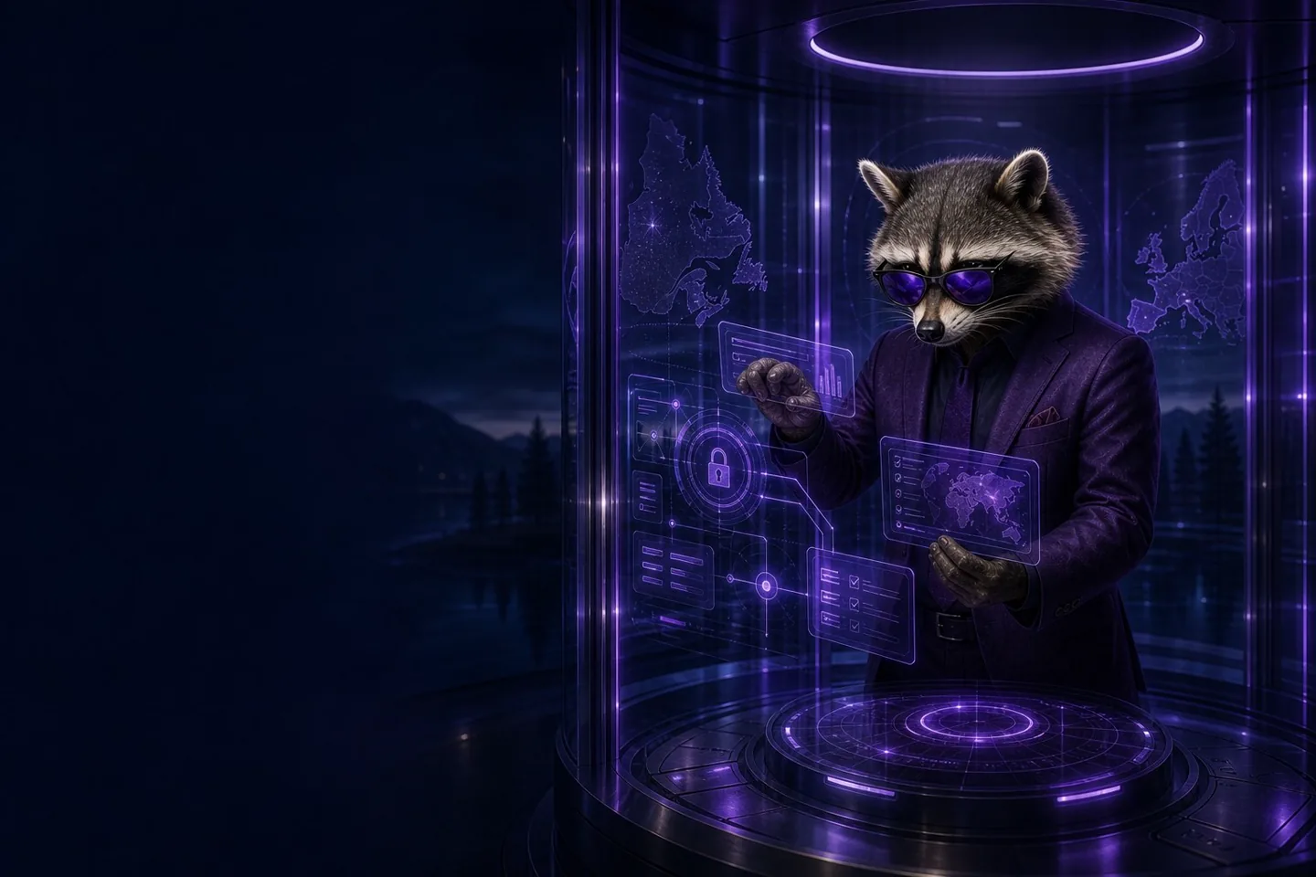 Raccoon privacy specialist governing information inside a secure data vault.